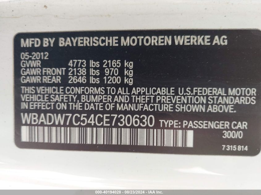 2012 BMW 328I VIN: WBADW7C54CE730630 Lot: 40194028