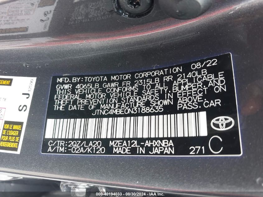 2022 Toyota Corolla Xse VIN: JTNC4MBE0N3188635 Lot: 40194033