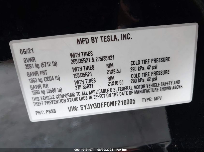 2021 Tesla Model Y Performance Dual Motor All-Wheel Drive VIN: 5YJYGDEF0MF216005 Lot: 40194071