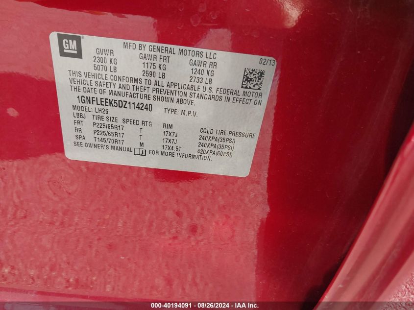 2013 Chevrolet Equinox 1Lt VIN: 1GNFLEEK5DZ114240 Lot: 40194091