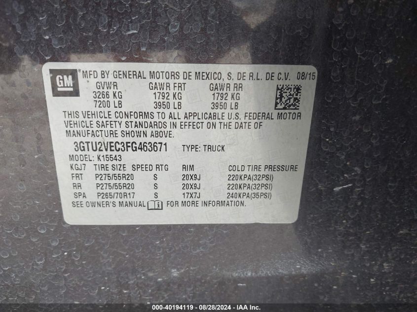 3GTU2VEC3FG463671 2015 GMC Sierra 1500 Slt