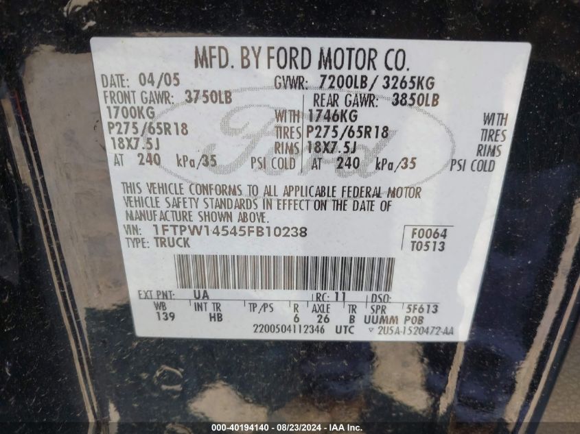 2005 Ford F-150 Fx4/Lariat/Xlt VIN: 1FTPW14545FB10238 Lot: 40194140