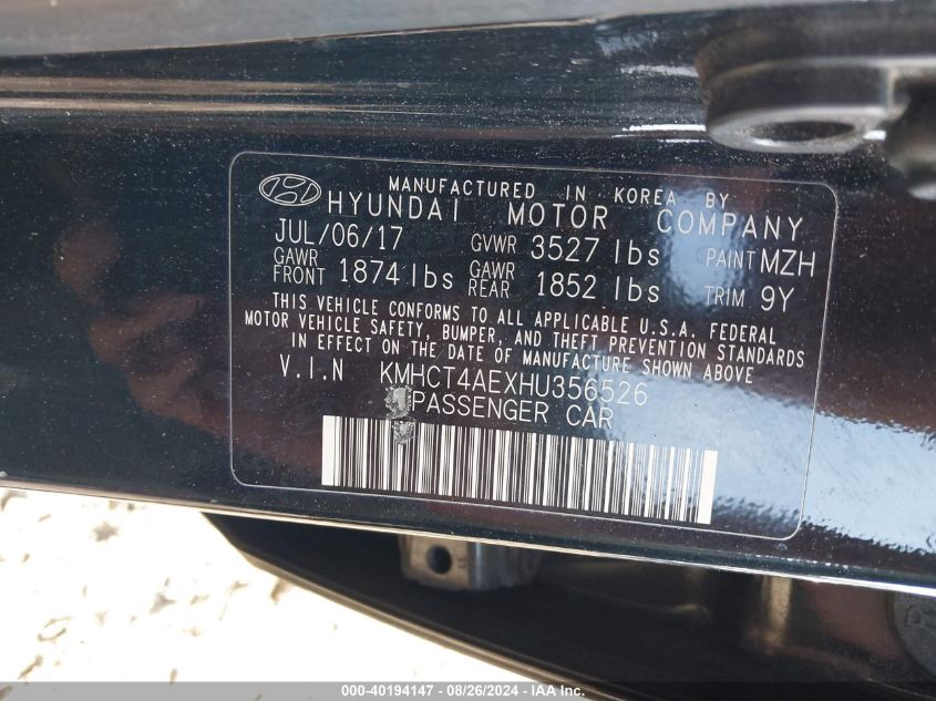 KMHCT4AEXHU356526 2017 Hyundai Accent Se