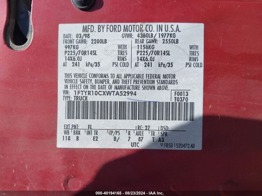 1998 Ford Ranger Splash/Xl/Xlt VIN: 1FTYR10CXWTA52994 Lot: 40194165