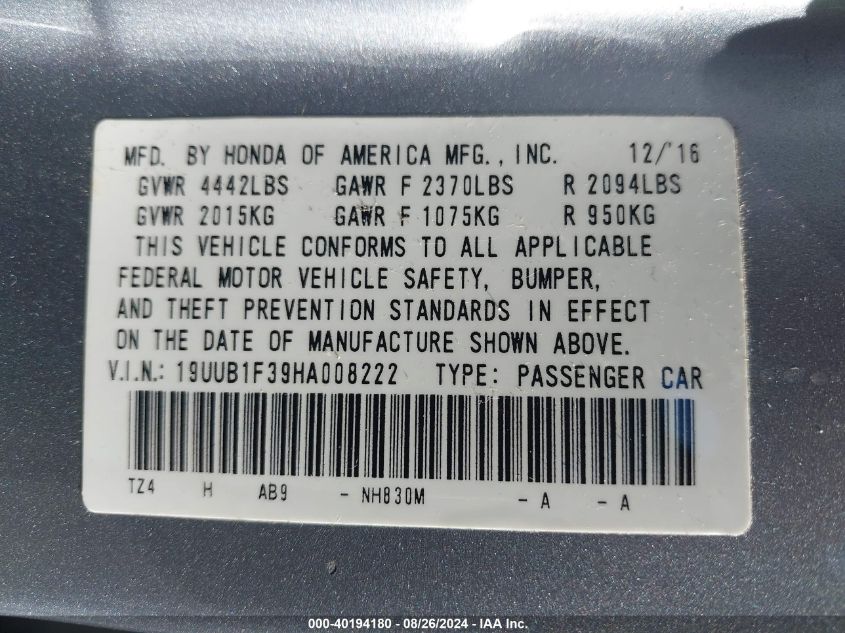 VIN 19UUB1F39HA008222 2017 ACURA TLX