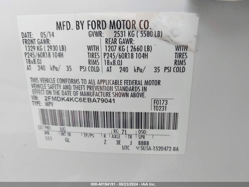 2014 Ford Edge Limited VIN: 2FMDK4KC6EBA79041 Lot: 40194191