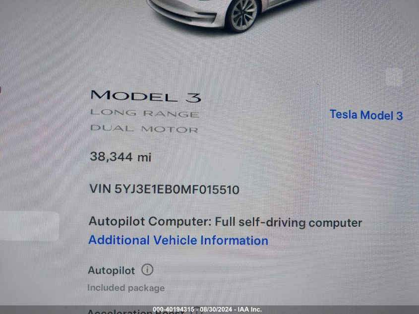 2021 Tesla Model 3 Long Range Dual Motor All-Wheel Drive VIN: 5YJ3E1EB0MF015510 Lot: 40194315