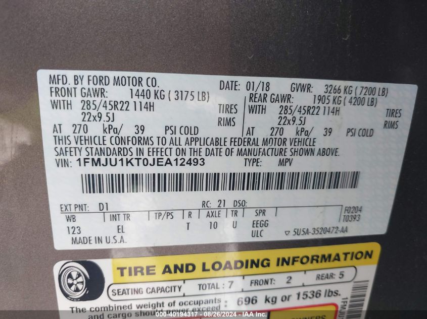 2018 FORD EXPEDITION LIMITED - 1FMJU1KT0JEA12493
