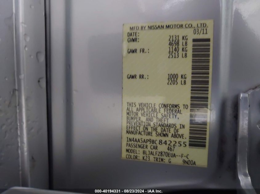 2011 Nissan Maxima 3.5 Sv VIN: 1N4AA5AP9BC842255 Lot: 40194331