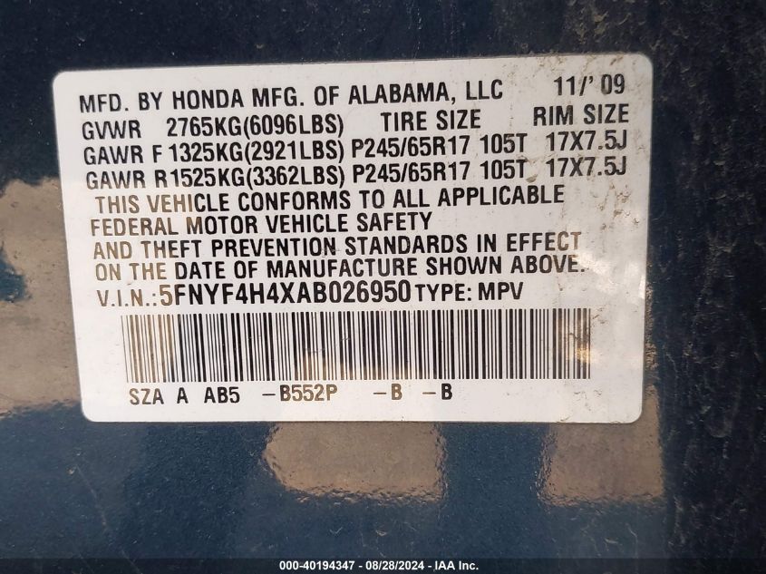 2010 Honda Pilot Ex VIN: 5FNYF4H4XAB026950 Lot: 40194347