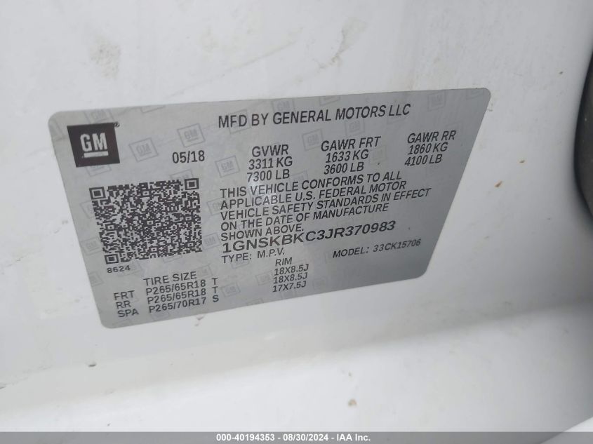 2018 Chevrolet Tahoe Lt VIN: 1GNSKBKC3JR370983 Lot: 40194353