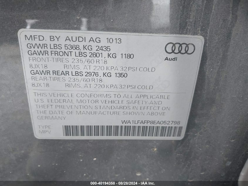 WA1LFAFP8EA052798 2014 Audi Q5 2.0T Premium