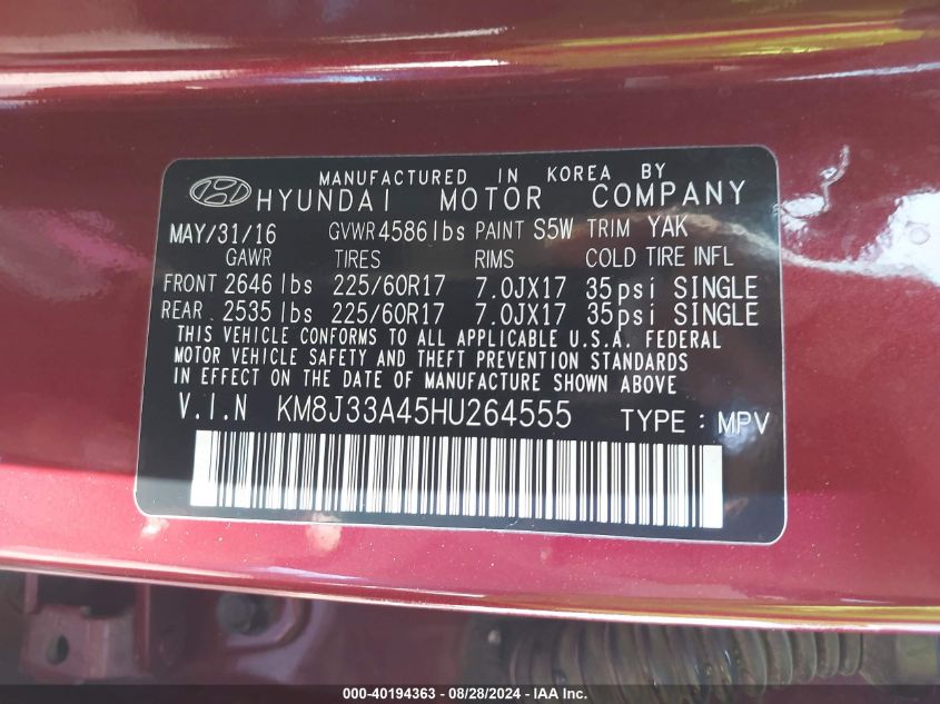 2017 HYUNDAI TUCSON SE - KM8J33A45HU264555