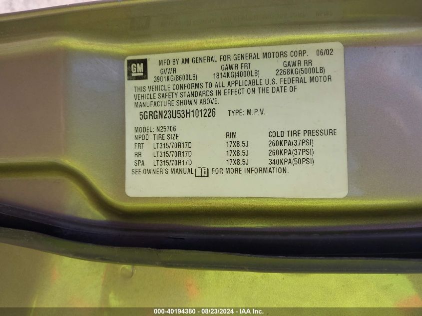 2003 Hummer H2 VIN: 5GRGN23U53H101226 Lot: 40194380