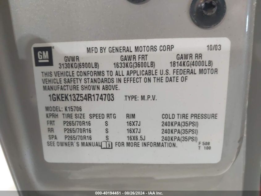 1GKEK13Z54R174703 2004 GMC Yukon Sle