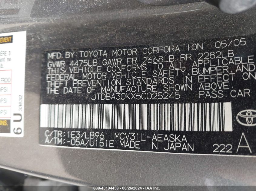 2005 Toyota Camry Se V6 VIN: JTDBA30KX50025245 Lot: 40194459