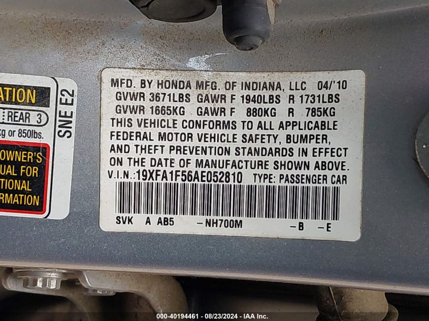 2010 Honda Civic Lx VIN: 19XFA1F56AE052810 Lot: 40194461