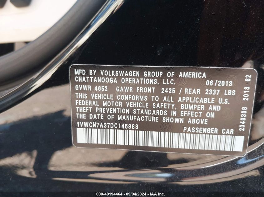 2013 Volkswagen Passat 2.0L Tdi Sel Premium VIN: 1VWCN7A37DC145988 Lot: 40194464