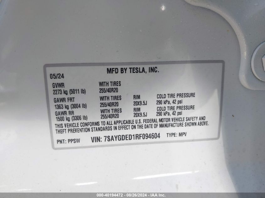 2024 TESLA MODEL Y - 7SAYGDED1RF094604