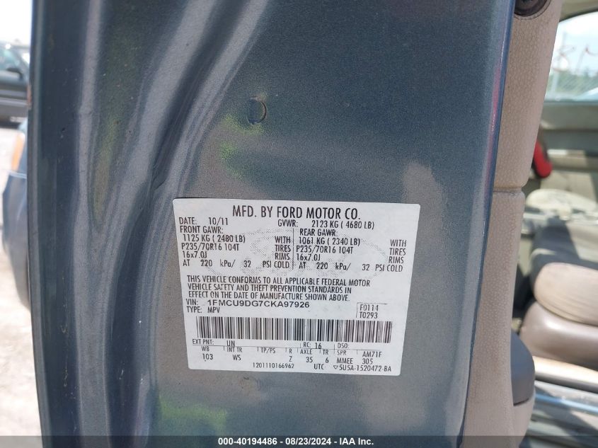 2012 Ford Escape Xlt VIN: 1FMCU9DG7CKA97926 Lot: 40194486