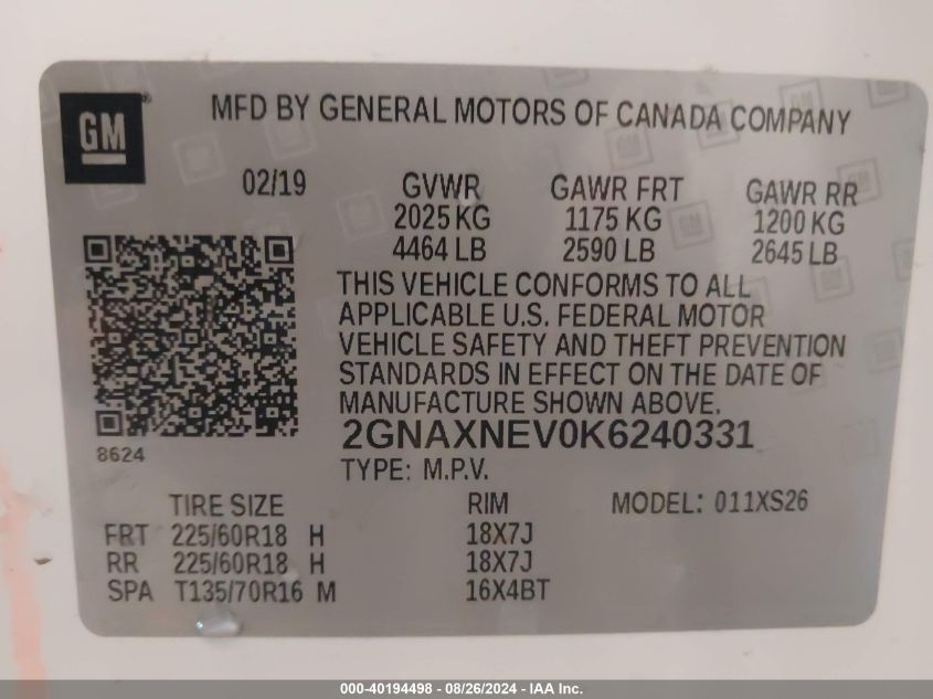 2019 CHEVROLET EQUINOX PREMIER - 2GNAXNEV0K6240331