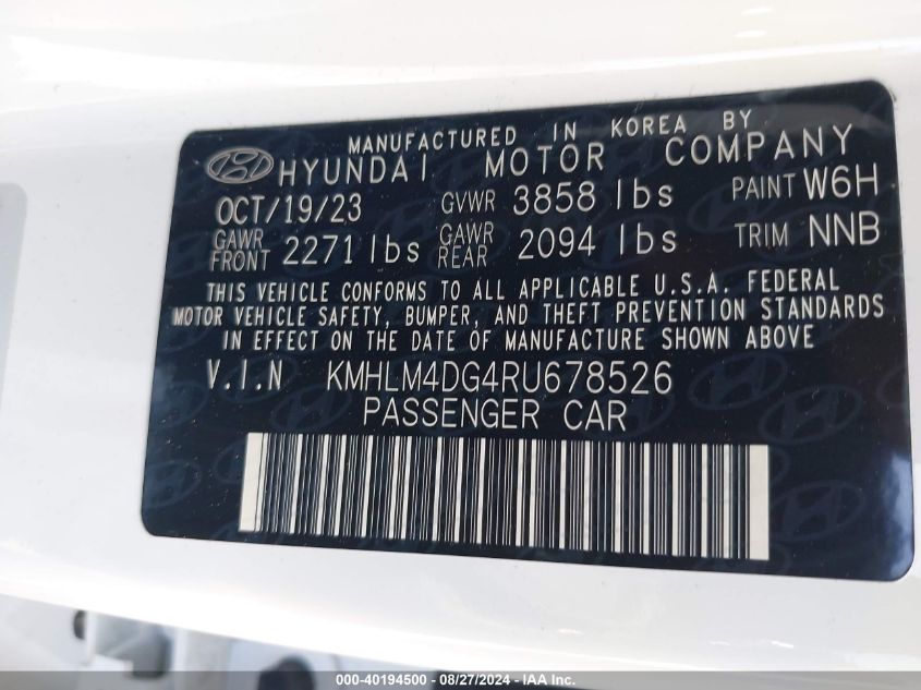 2024 Hyundai Elantra Sel VIN: KMHLM4DG4RU678526 Lot: 40194500