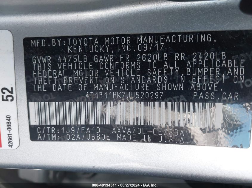 4T1B11HK7JU520297 2018 Toyota Camry Se