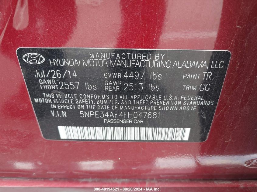 2015 Hyundai Sonata Sport VIN: 5NPE34AF4FH047681 Lot: 40194521