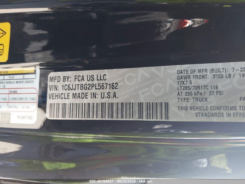 2023 Jeep Gladiator Rubicon 4X4 VIN: 1C6JJTBG2PL567162 Lot: 40194527