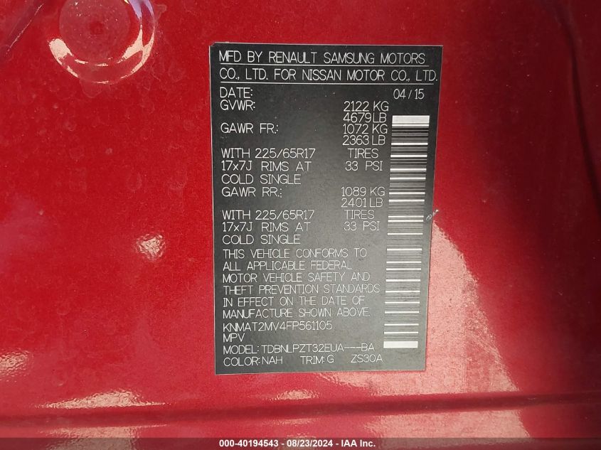 2015 Nissan Rogue S VIN: KNMAT2MV4FP561105 Lot: 40194543