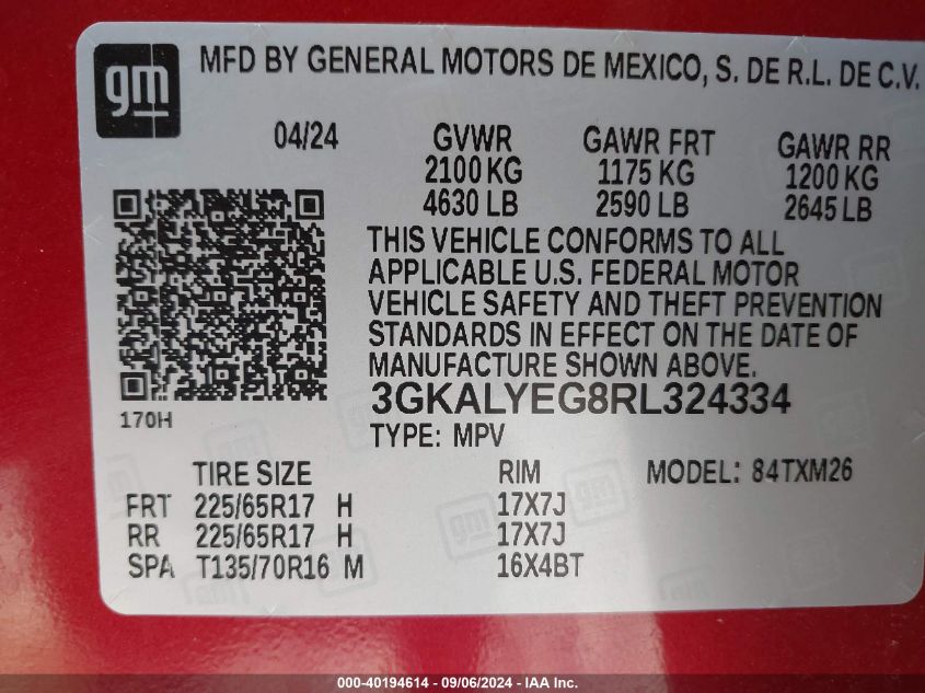 2024 GMC Terrain At4 VIN: 3GKALYEG8RL324334 Lot: 40194614