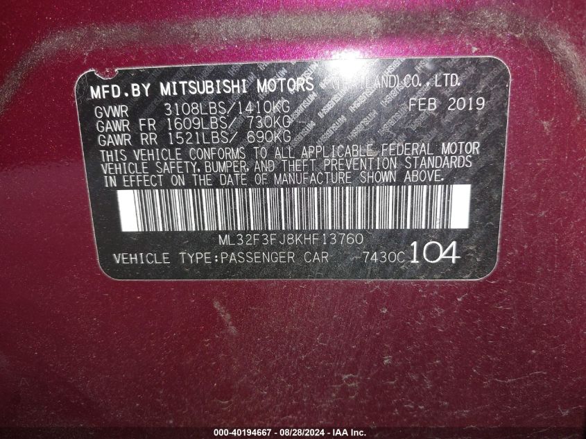 ML32F3FJ8KHF13760 2019 Mitsubishi Mirage G4 Es