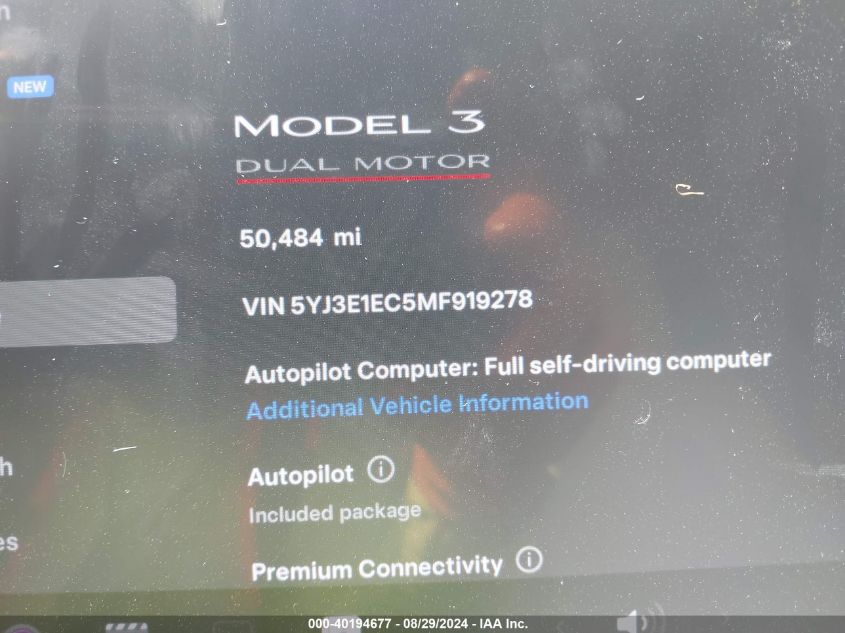 2021 Tesla Model 3 Performance Dual Motor All-Wheel Drive VIN: 5YJ3E1EC5MF919278 Lot: 40194677