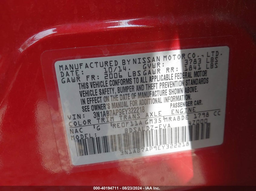 2014 Nissan Sentra Sv VIN: 3N1AB7AP9EY322218 Lot: 40194711