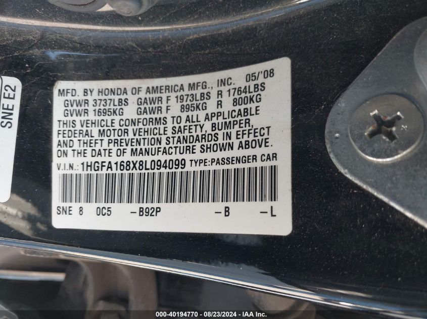 2008 Honda Civic Ex VIN: 1HGFA168X8L094099 Lot: 40194770