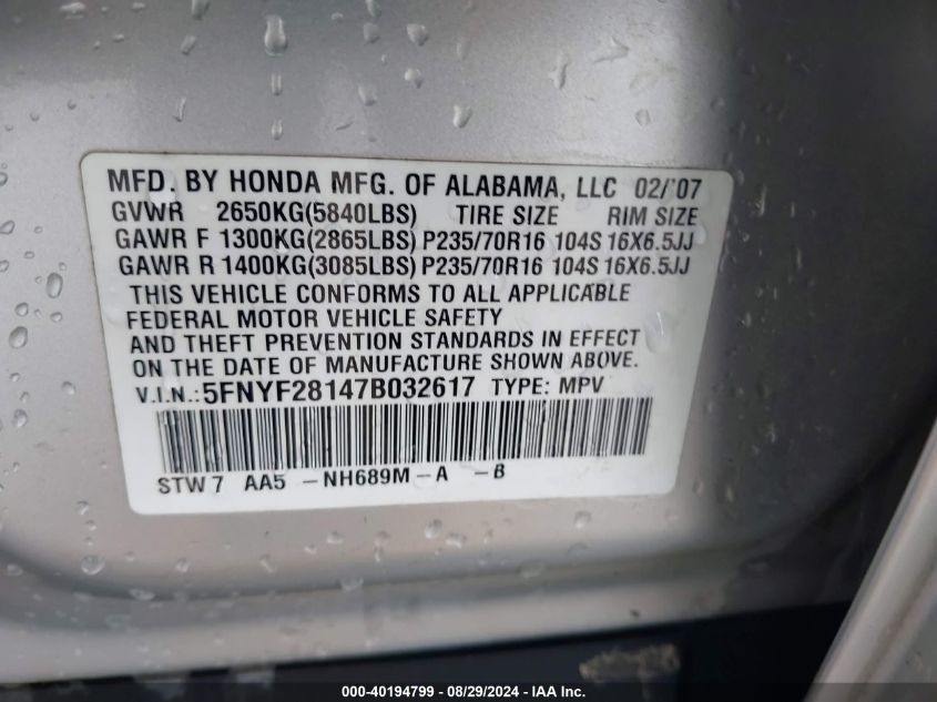 2007 Honda Pilot Lx VIN: 5FNYF28147B032617 Lot: 40194799