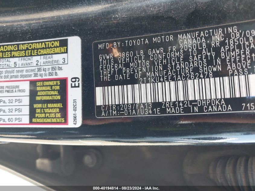 2010 Toyota Matrix VIN: 2T1KU4EE1AC262478 Lot: 40194814