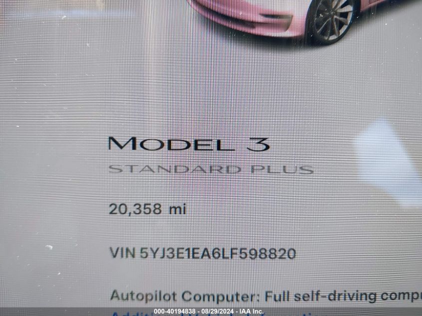 2020 Tesla Model 3 Standard Range Plus Rear-Wheel Drive/Standard Range Rear-Wheel Drive VIN: 5YJ3E1EA6LF598820 Lot: 40194838