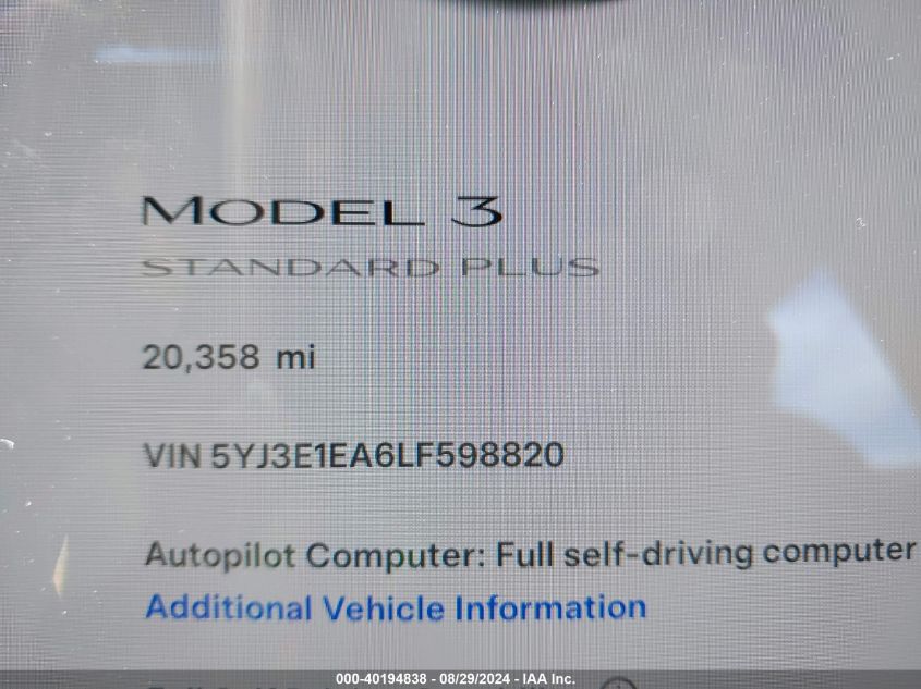 2020 Tesla Model 3 Standard Range Plus Rear-Wheel Drive/Standard Range Rear-Wheel Drive VIN: 5YJ3E1EA6LF598820 Lot: 40194838