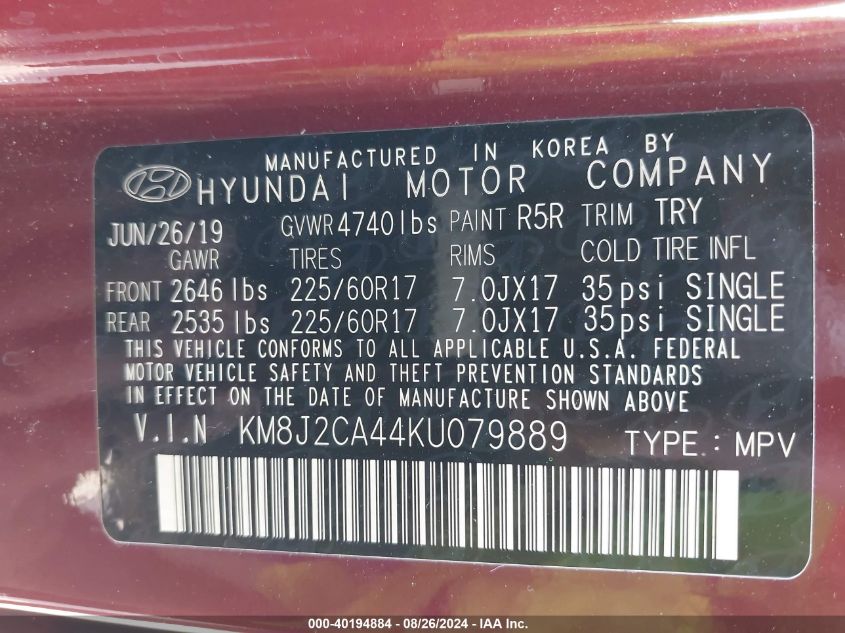 KM8J2CA44KU079889 2019 Hyundai Tucson Se