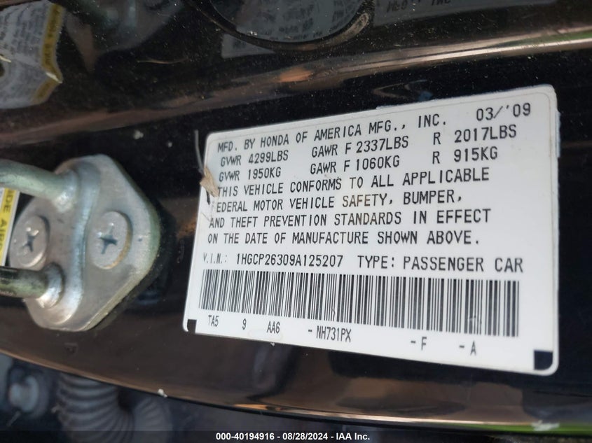 2009 Honda Accord 2.4 Lx VIN: 1HGCP26309A125207 Lot: 40194916