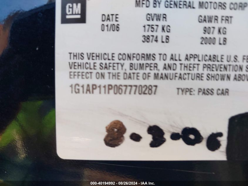 2006 Chevrolet Cobalt Ss Supercharged VIN: 1G1AP11P067770287 Lot: 40194992