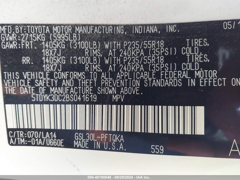 2011 Toyota Sienna Limited V6 VIN: 5TDYK3DC2BS041619 Lot: 40195048