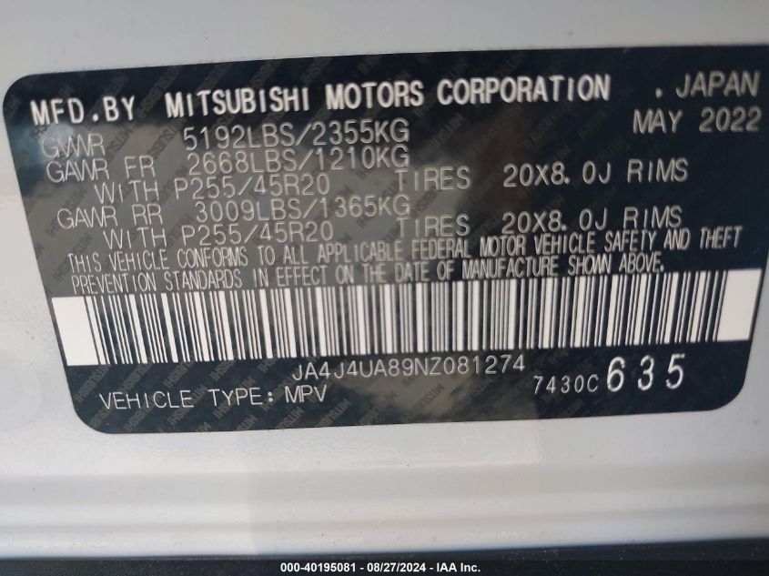 2022 Mitsubishi Outlander Se 2.5 S-Awc VIN: JA4J4UA89NZ081274 Lot: 40195081