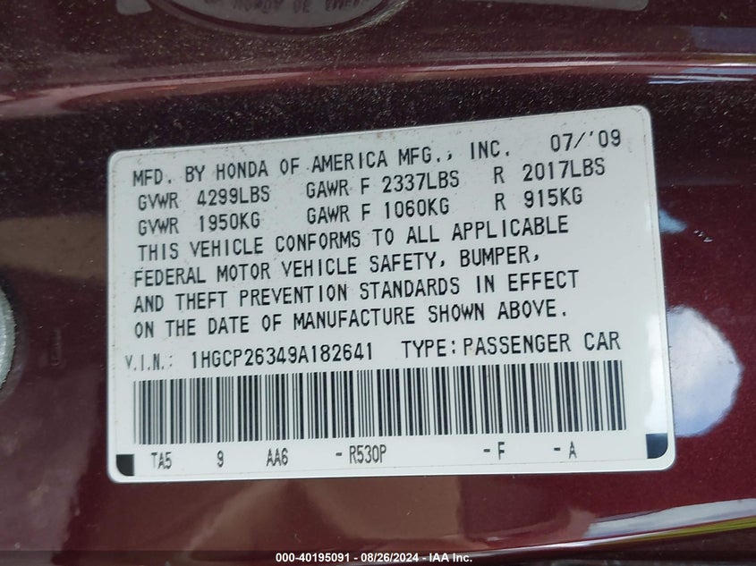 2009 Honda Accord 2.4 Lx VIN: 1HGCP26349A182641 Lot: 40195091