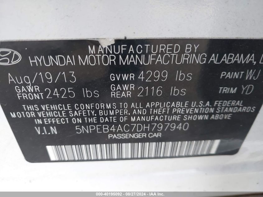 2013 HYUNDAI SONATA GLS - 5NPEB4AC7DH797940