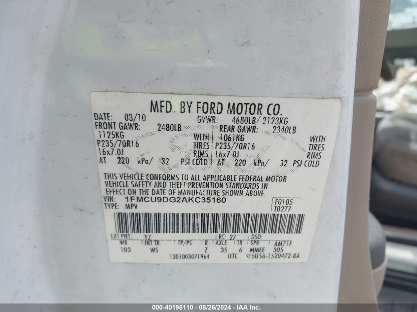 2010 Ford Escape Xlt VIN: 1FMCU9DG2AKC35160 Lot: 40195110