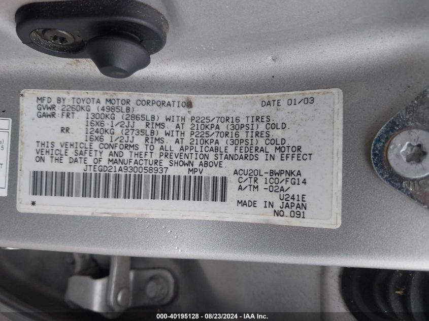 2003 Toyota Highlander VIN: JTEGD21A930058937 Lot: 40195128