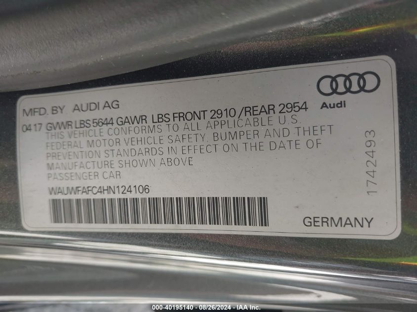 WAUWFAFC4HN124106 2017 Audi S7 4.0T Premium Plus