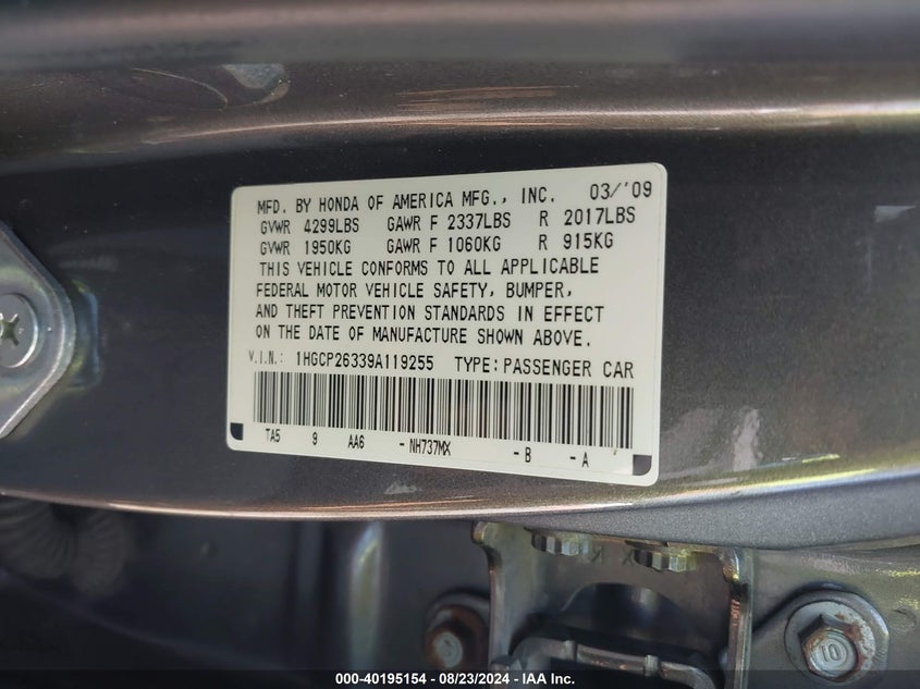 2009 Honda Accord 2.4 Lx VIN: 1HGCP26339A119255 Lot: 40195154